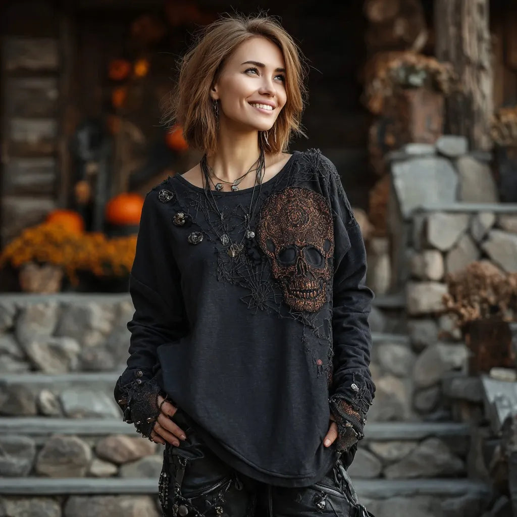 Halloween Dark Skull And Spider Web Pattern Women's T-shirt