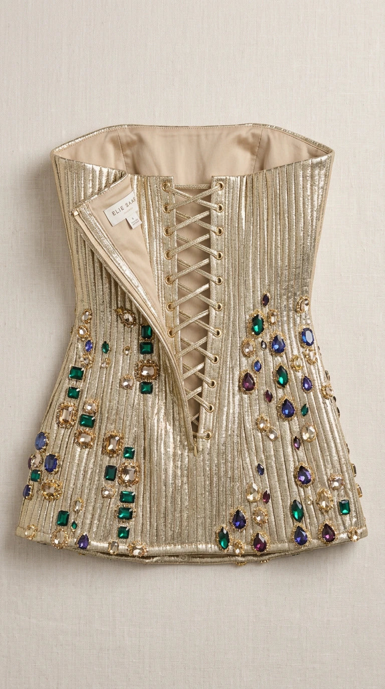 Strapless Metallic Pleated Embellished Corset Top