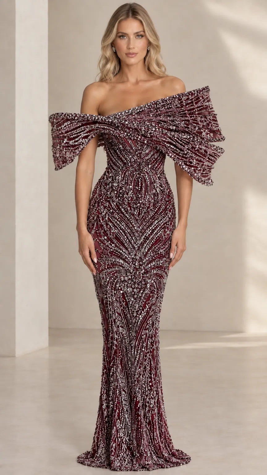 Off-The-Shoulder Beaded Mermaid Evening Gown with Sculpted Capelet Sleeves