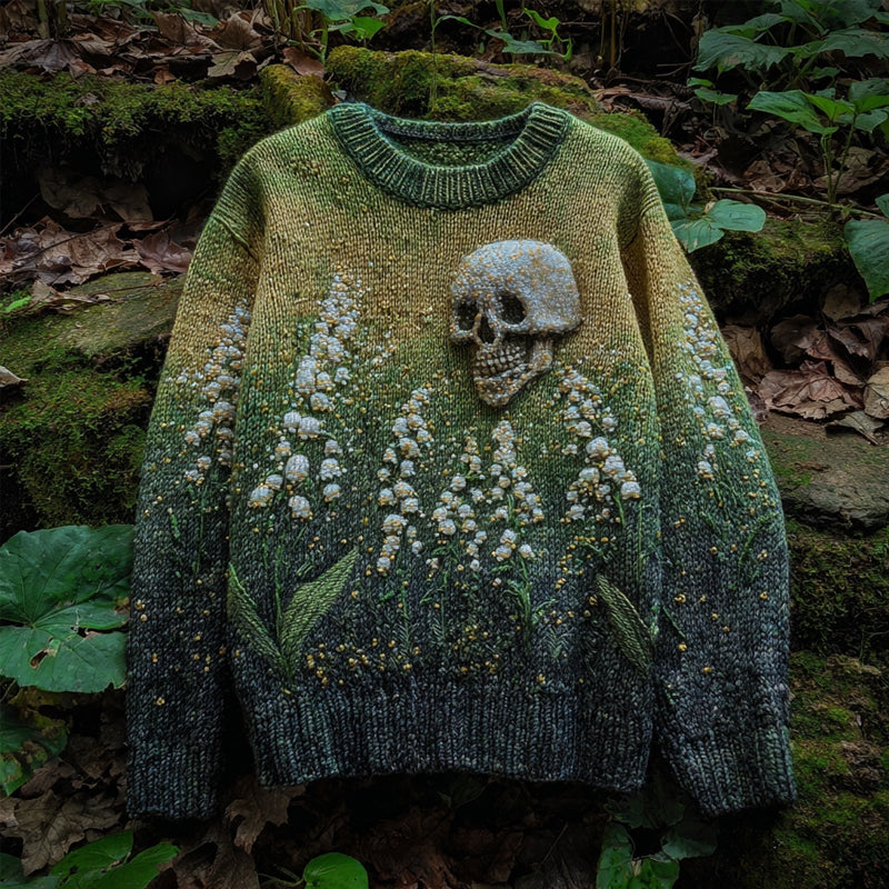 Vintage Lily Of The Valley & Skull Embroidered Comfy Knit Sweater
