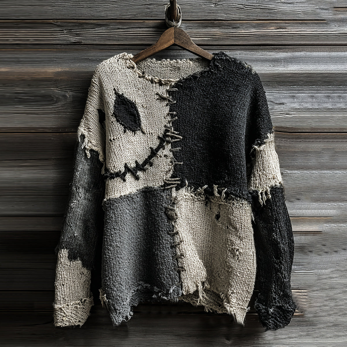 Vintage Halloween Spooky Face Sewn Knitted Crew Neck Cozy Sweater