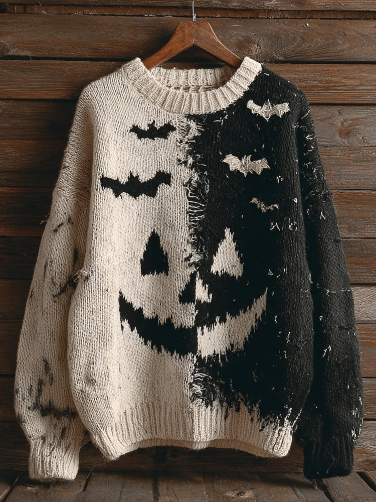 Vintage Halloween Pumpkin Face & Bats Contrast Color Knitted Sweater