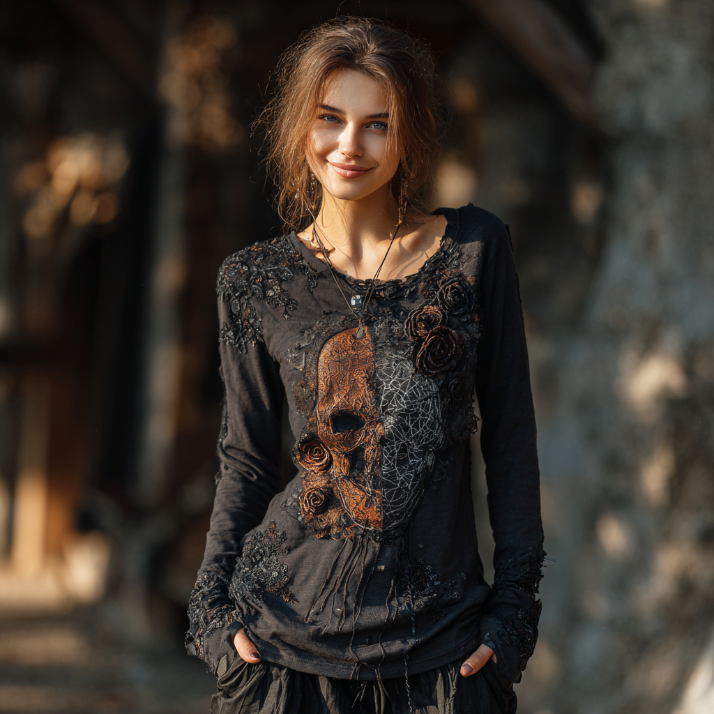 Women's Rose Skull And Spider Web Embroidered Halloween T-shirt