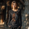 Women's Rose Skull And Spider Web Embroidered Halloween T-shirt