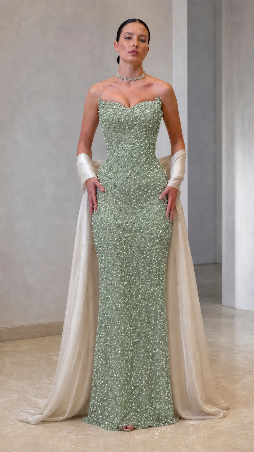 Strapless Pearl Embellished Evening Gown with Draped Shawl Train