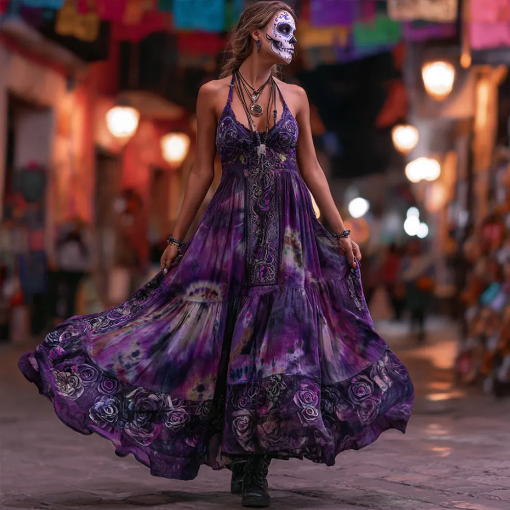 Ladies' Ethnic Pattern Vintage Style Long Dress With Straps