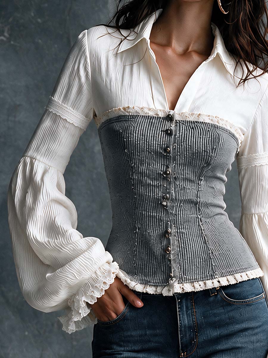 Faux Two-Piece Shirt And Ribbed Corset Top