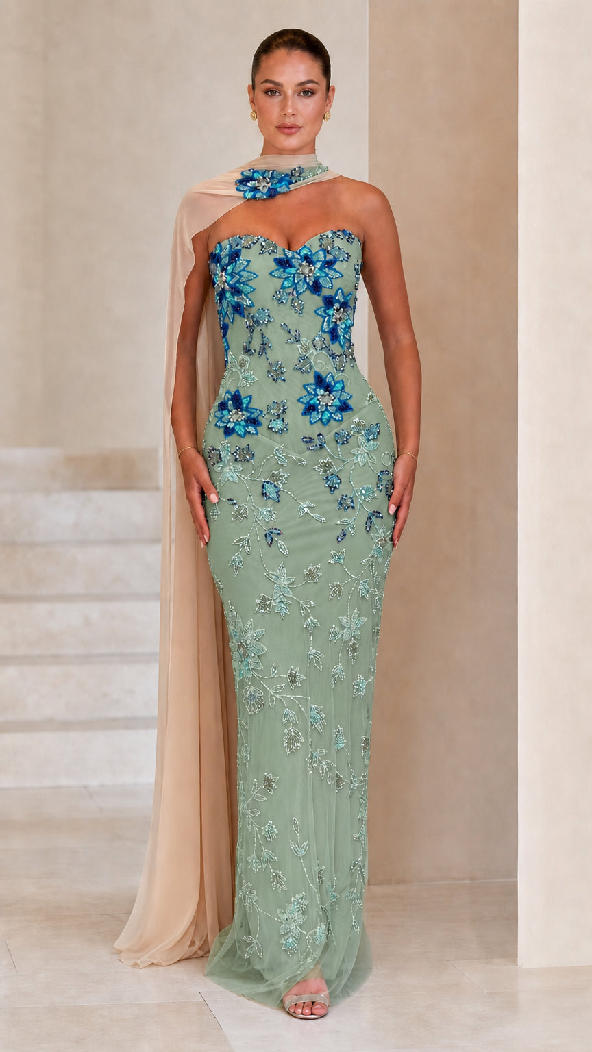 Strapless Beaded Floral Column Evening Gown with Sheer Cape