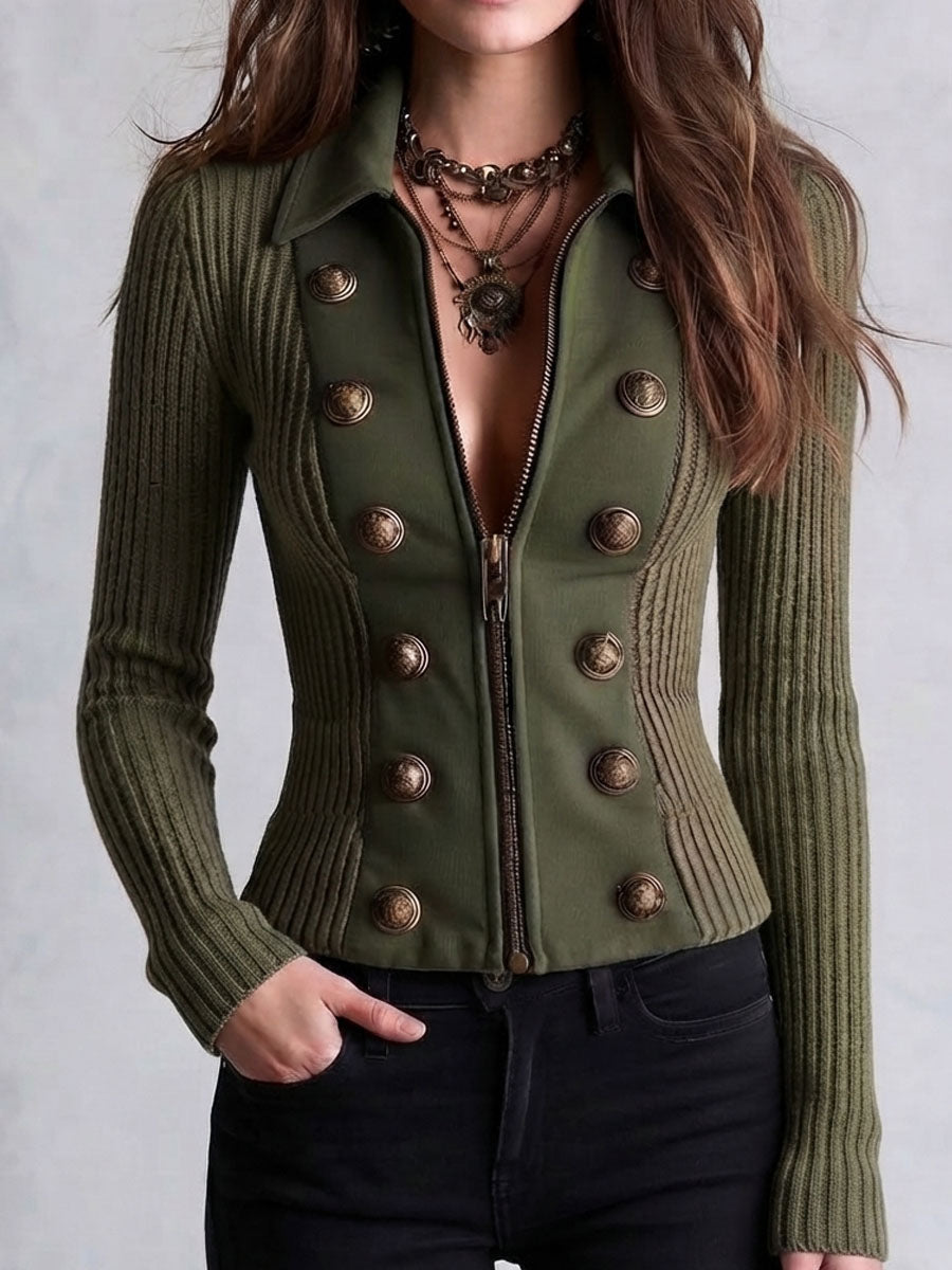 Vintage Army Green Brass Decor Button Spliced Knit Cardigan