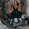 Ladies' White Skull Retro Printed Gradient Short-sleeved Long Dress