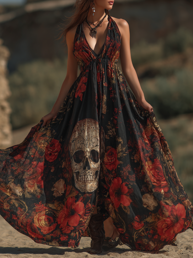 Halloween Theme Rose And Skull Pattern Women's V-neck Long Dress
