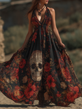 Halloween Theme Rose And Skull Pattern Women's V-neck Long Dress