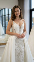 Beaded Illusion Plunge Evening Gown with Ruched Bodice and Overskirt