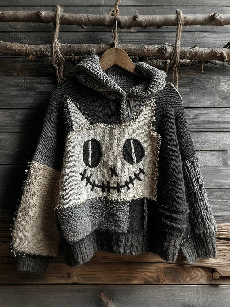 Halloween Cat Spooky Face Contrast Stitched Cozy Knit Hooded Sweater