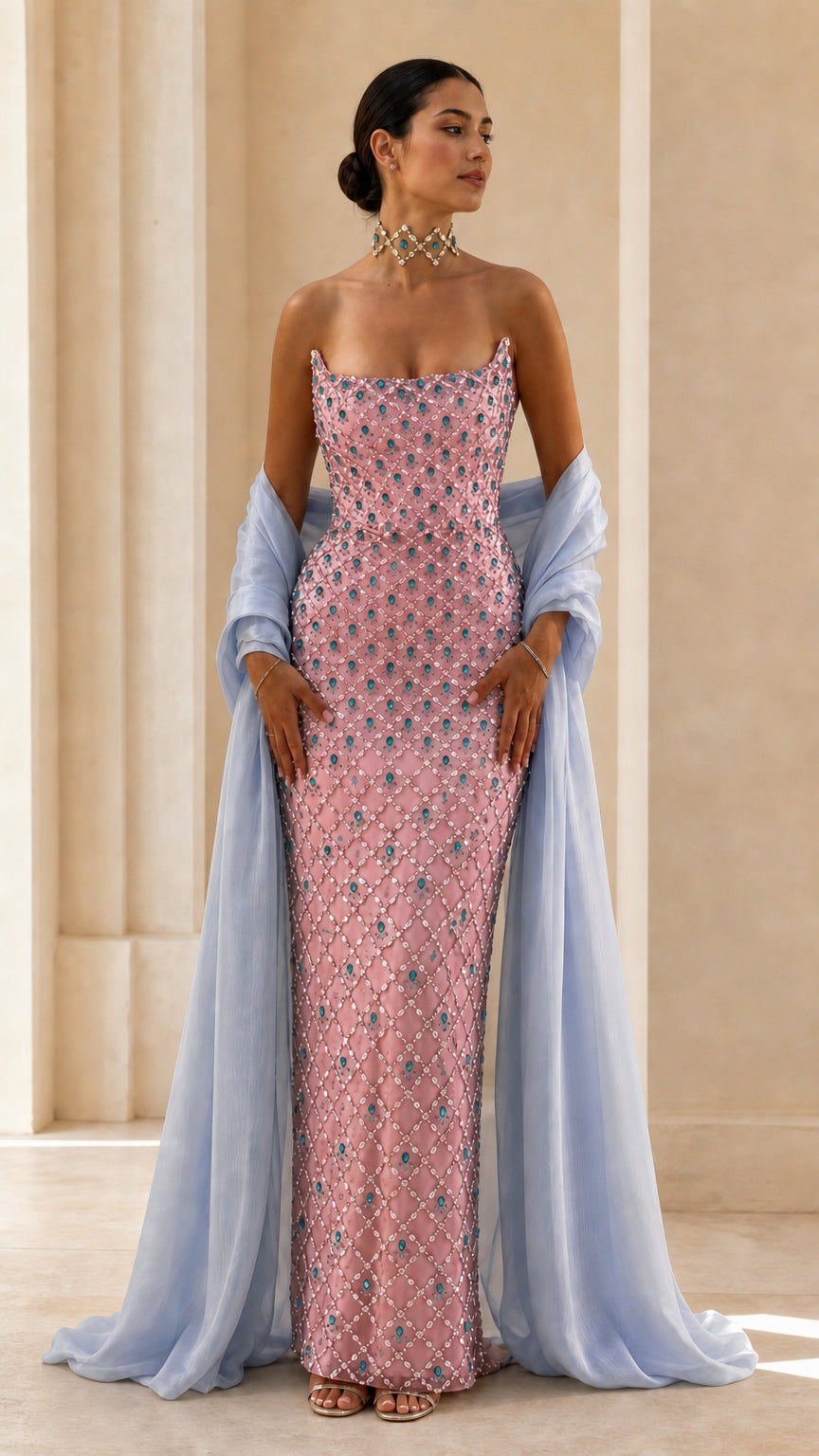 Strapless Beaded Column Evening Gown with Draped Chiffon Shawl
