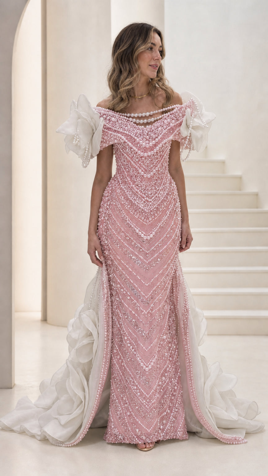 Off-the-Shoulder Pearl Beaded Mermaid Evening Gown with 3D Floral Train