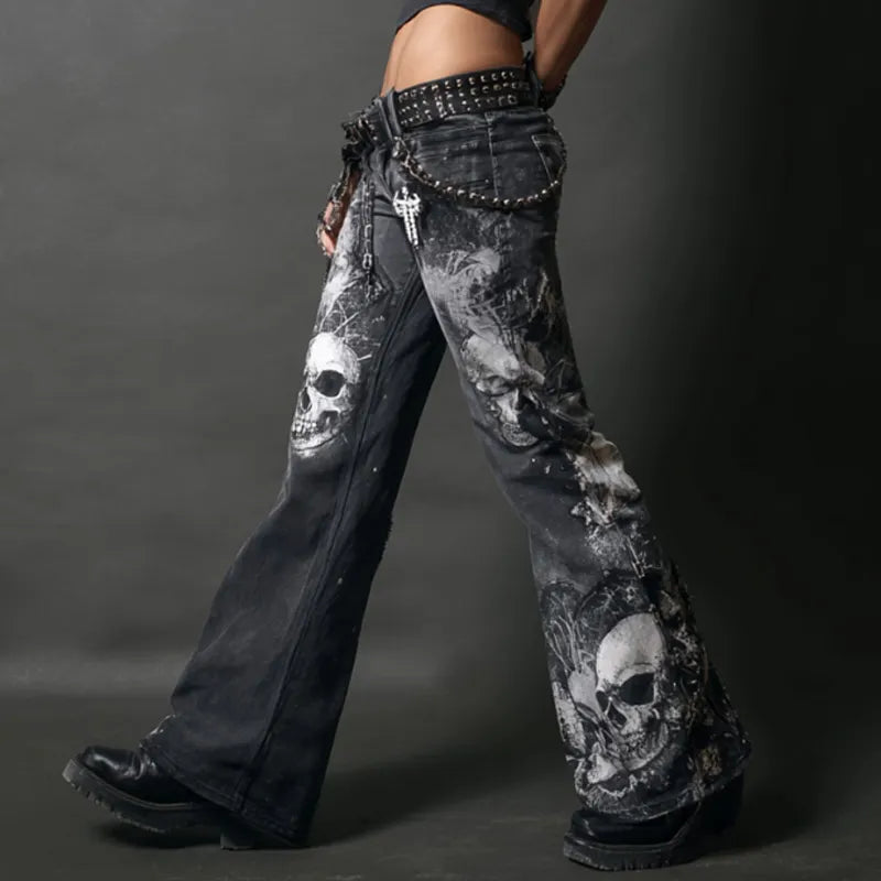 Vintage Rock Skulls Cross Studded Patchwork Bootcut Jeans