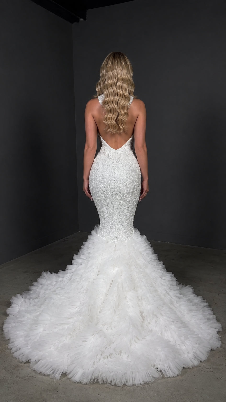Deep Plunge Halter Beaded Mermaid Gown with Voluminous Ruffled Tulle Train