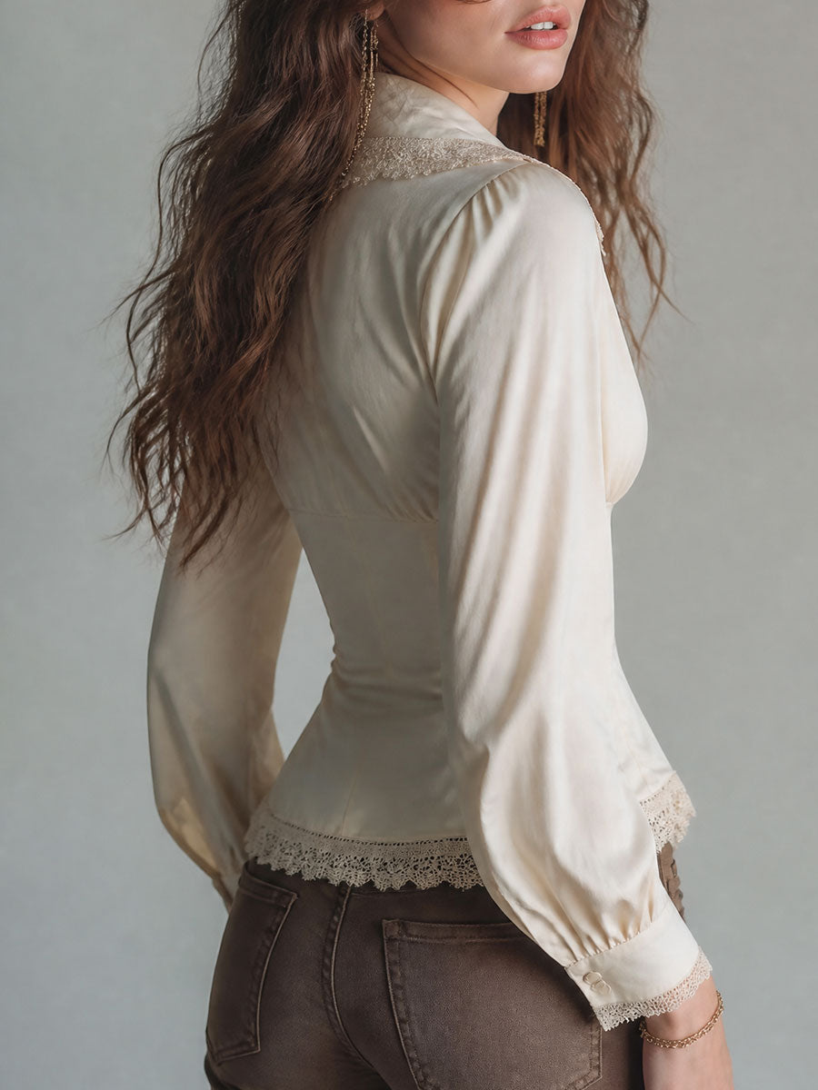 Bhoh Lace Trim Pointed Collar Long Sleeve Blouse
