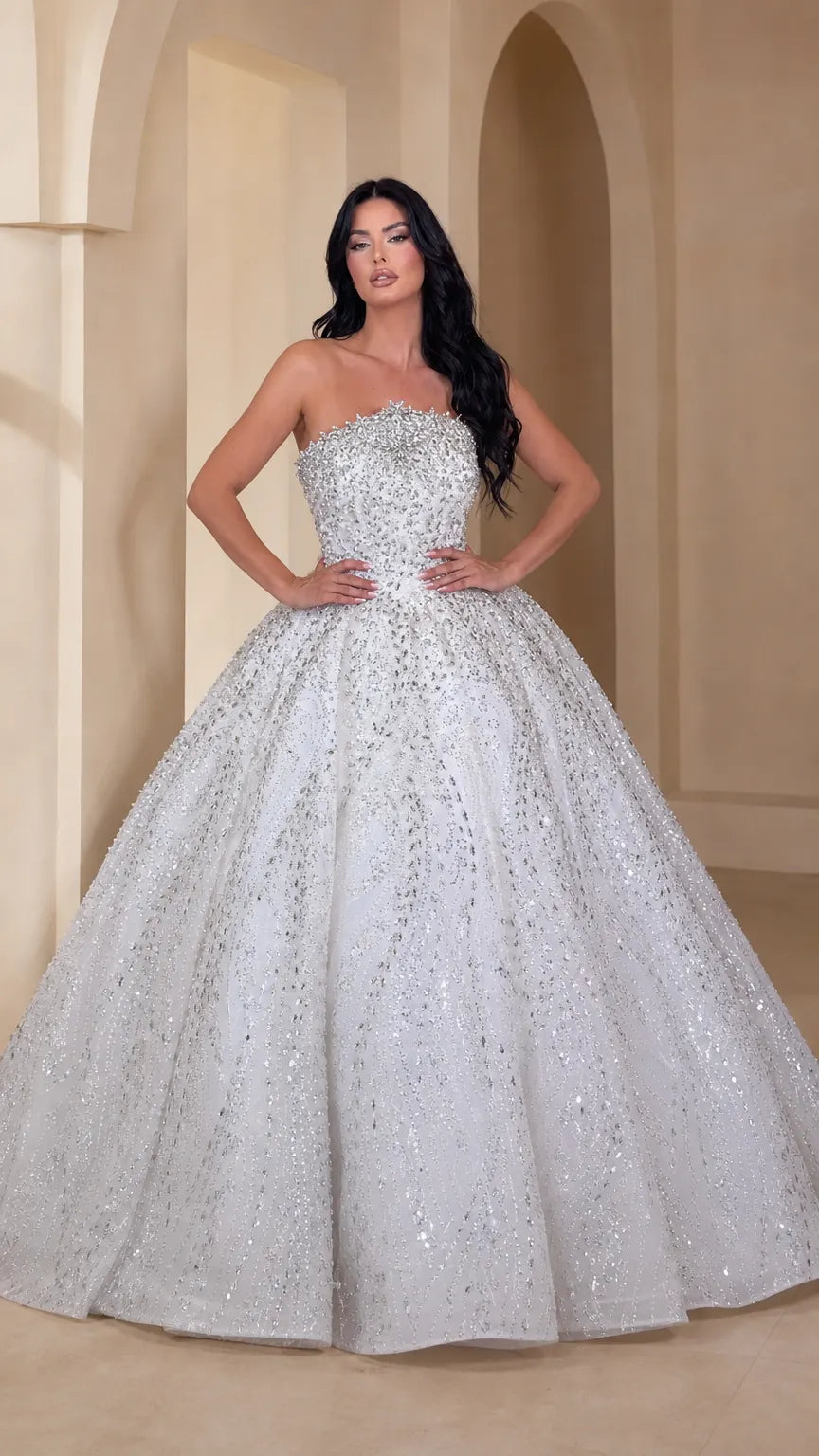 Strapless Glitter Sequin Ball Gown Evening Dress with Embellished Bodice