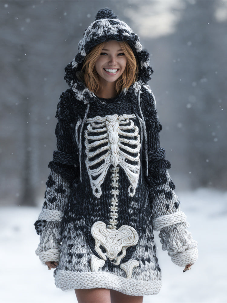 Day Of The Dead Skeleton Women's Chunky Knit Twist Hooded Sweater Dress