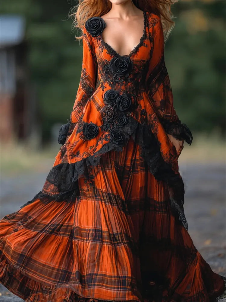 Vintage Gothic Black Roses Lace Trim Plaid Maxi Dress