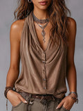 Boho Cowl Neck Button Front Tencel Halter Tank Top