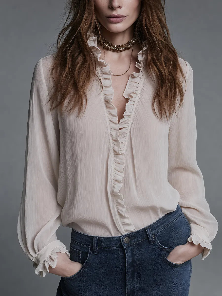 Feminine Ivory Ruffle Trim Blouse