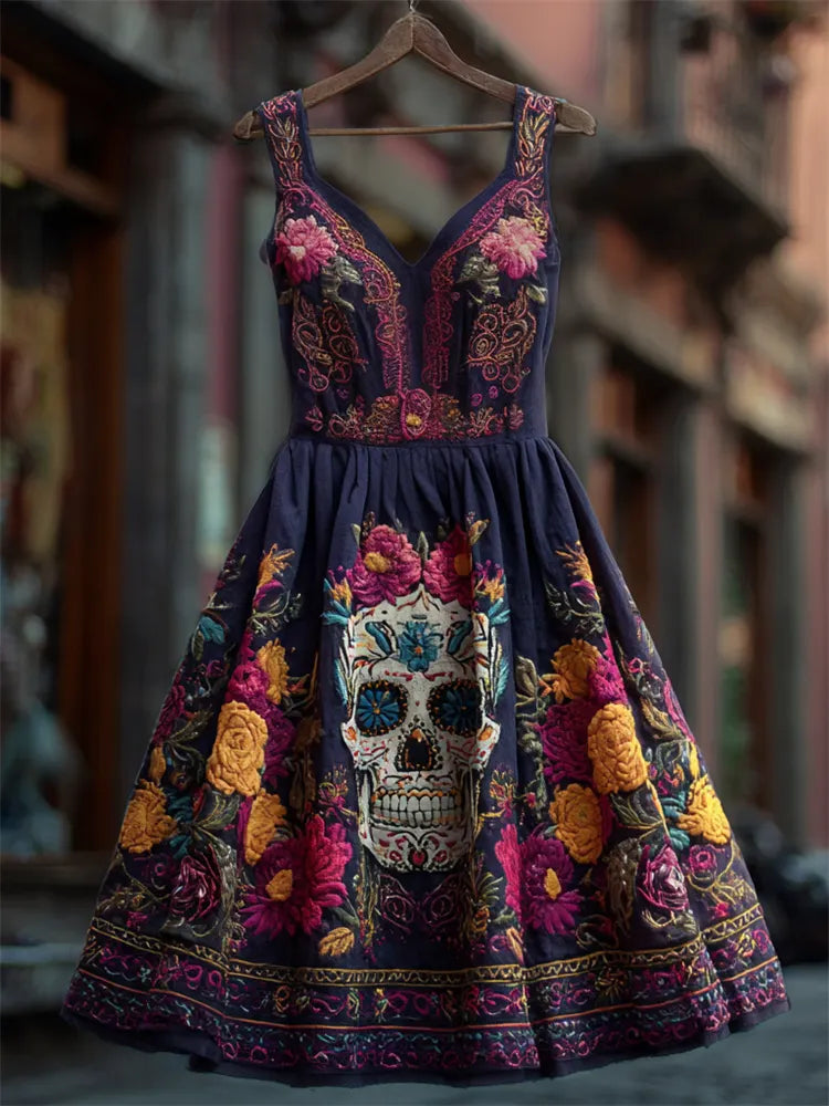 Day Of The Dead Sugar Skull Floral Embroidered Linen Dress