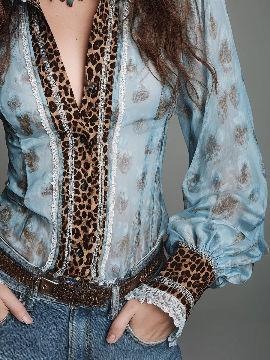 Retro Leopard Print Fitted Blouse With Lace Trim
