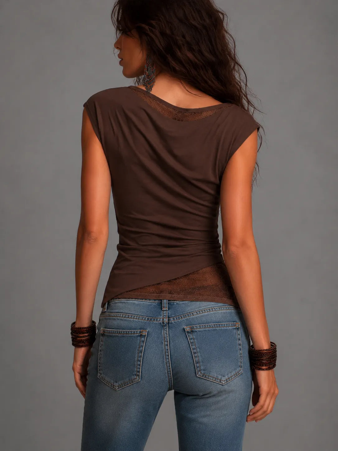 Boho Asymmetrical One Shoulder Lace Spliced Ruched Slim Fit Top