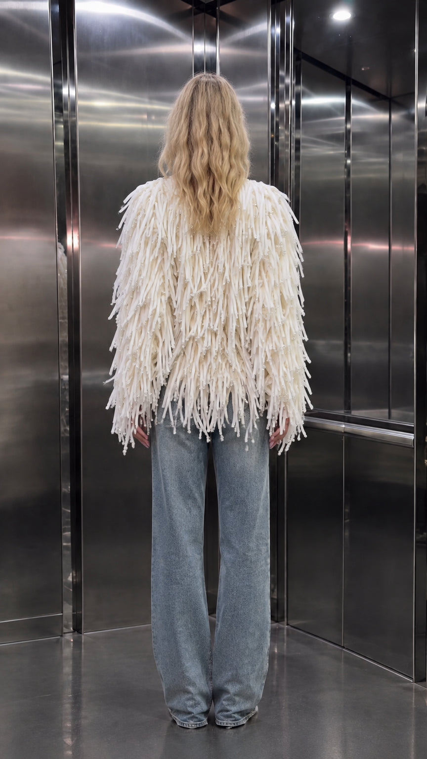 Faux Pearl Embellished Shaggy Fringe Jacket with Open Front
