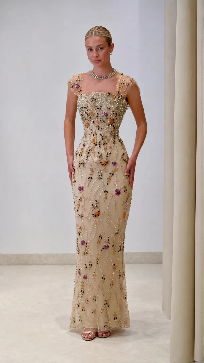 Floral Beaded Square Neck Column Evening Gown