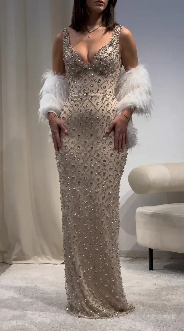 Sleeveless Deep V-Neck Rhinestone Embellished Evening Maxi Gown