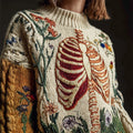 Vintage Anatomy & Floral Embroidery Women's Knit Crew Neck Sweater