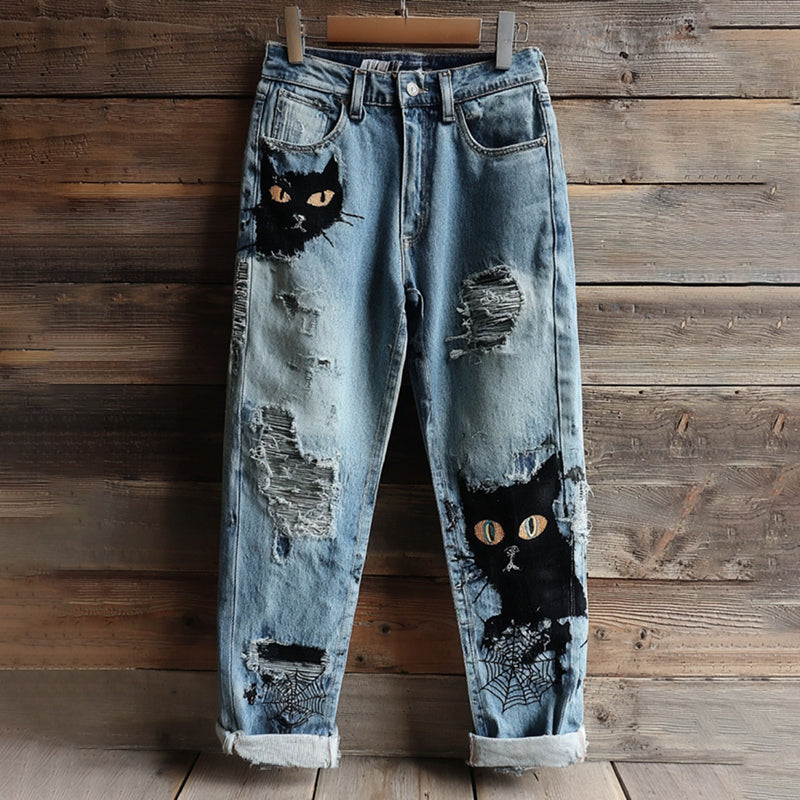 Women's Halloween Black Cats And Spiderwebs Vintage Embroidery Washed Jeans