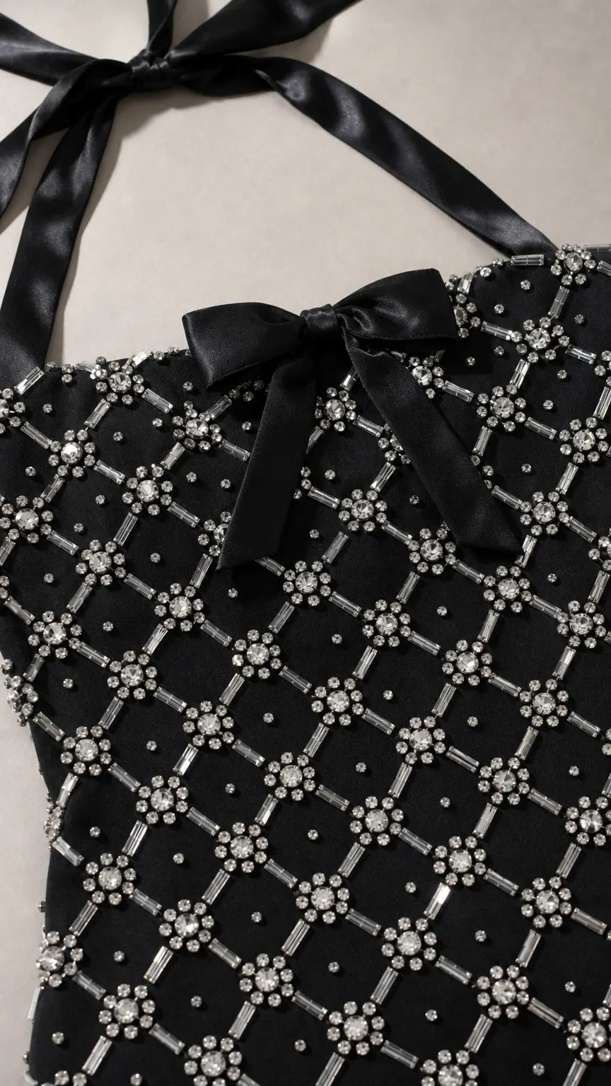 Embellished Lattice Halterneck Maxi Dress with Satin Bow Accent