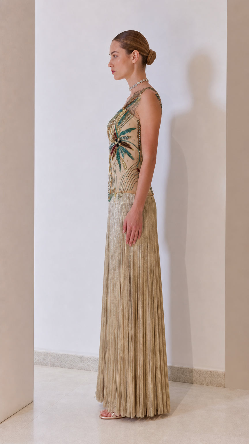 One-Shoulder Beaded Corset Fringe Maxi Evening Gown