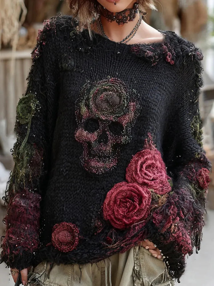 Rose And Skull Embroidered Gothic Chunky Knit Sweater