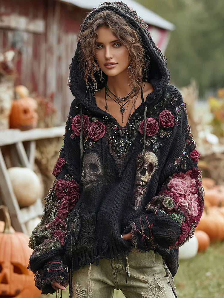 Rose Skull Embroidered Gothic Chunky Knit Hooded Sweater