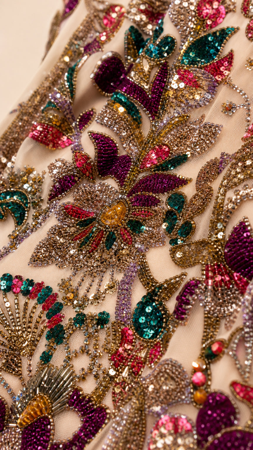 Strapless Beaded Floral Sequin Mermaid Evening Gown