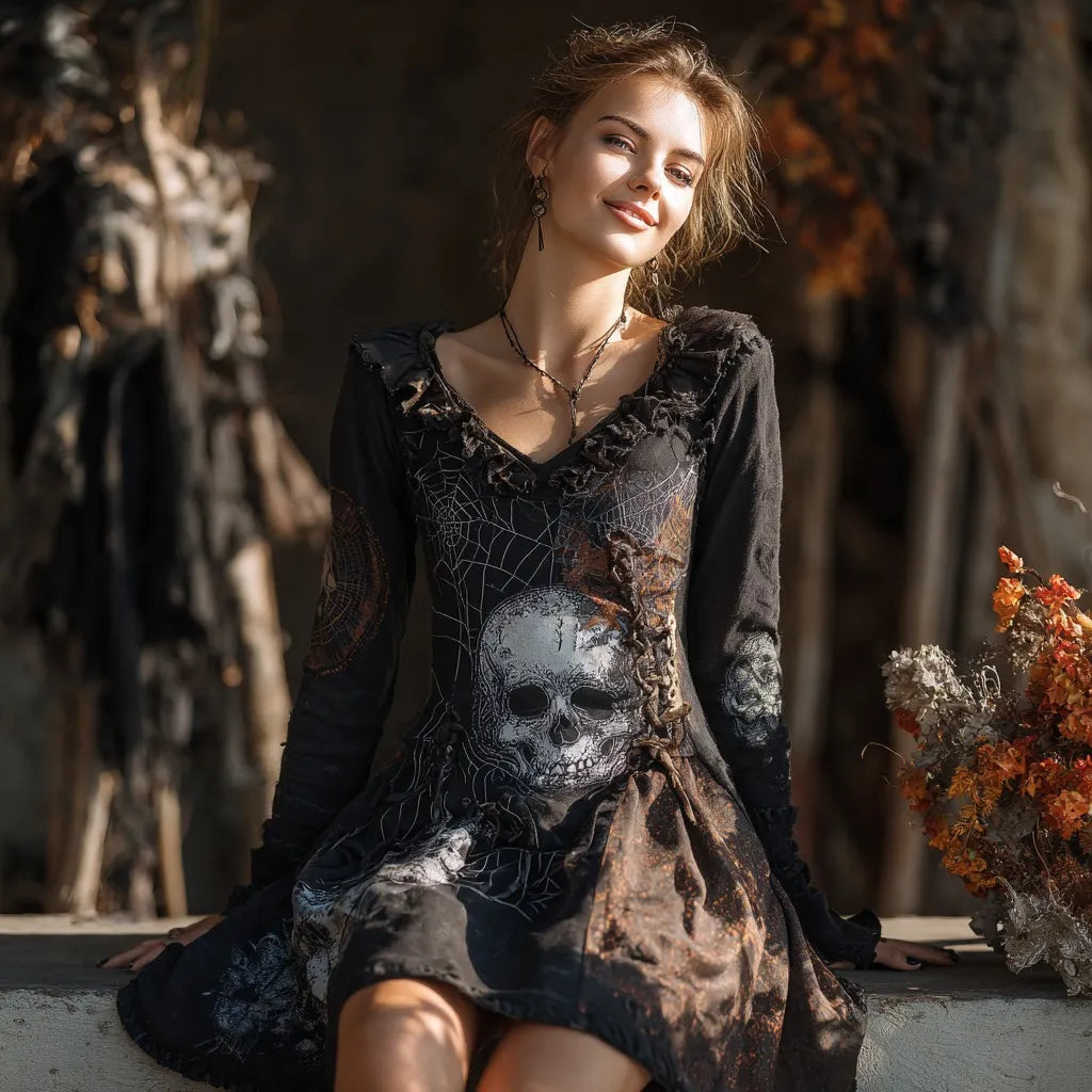 Women's Halloween Skull And Spider Web Pattern V-neck Dress