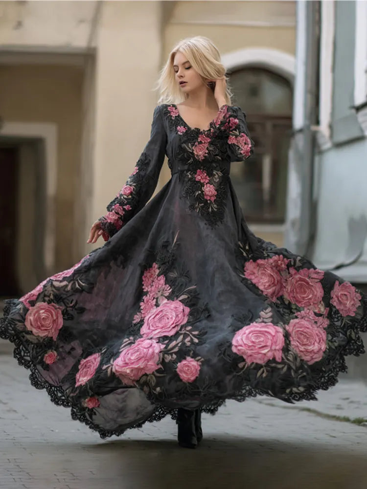 Women's Casual Retro Bohemian Embroidered Floral Print Dress