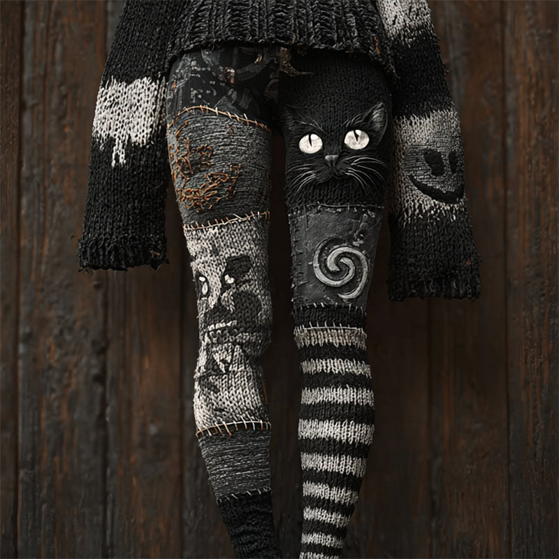 Halloween Black Cat Witch Patchwork Cozy Knit Leggings