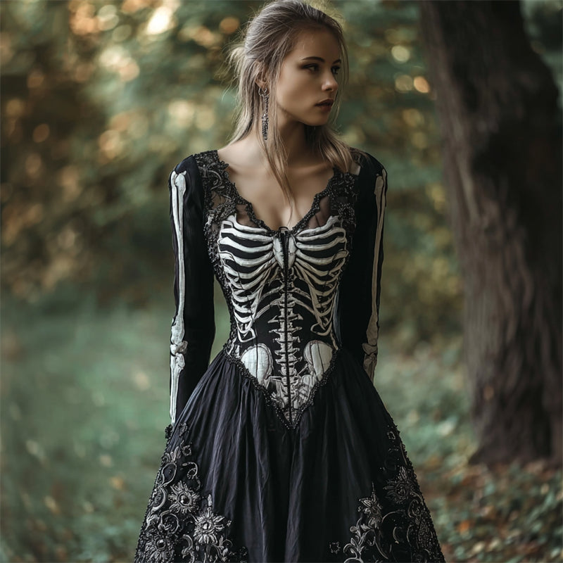 Vintage Skeleton Floral Beaded Linen Maxi Dress