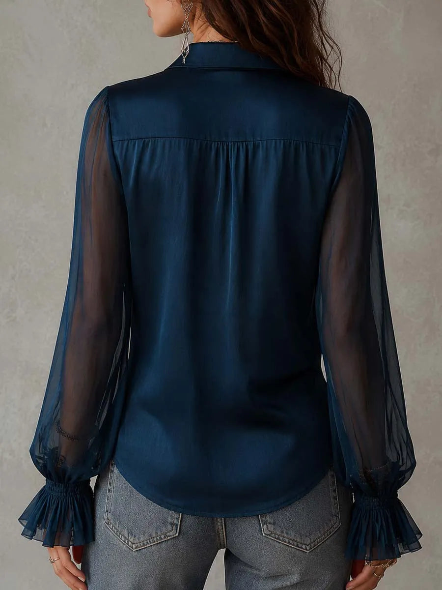 Vintage Tencel Blend Ruffle Collar Sheer Long-Sleeve Shirt