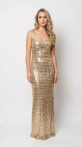 Square Neck Sequin Grid Maxi Column Evening Dress