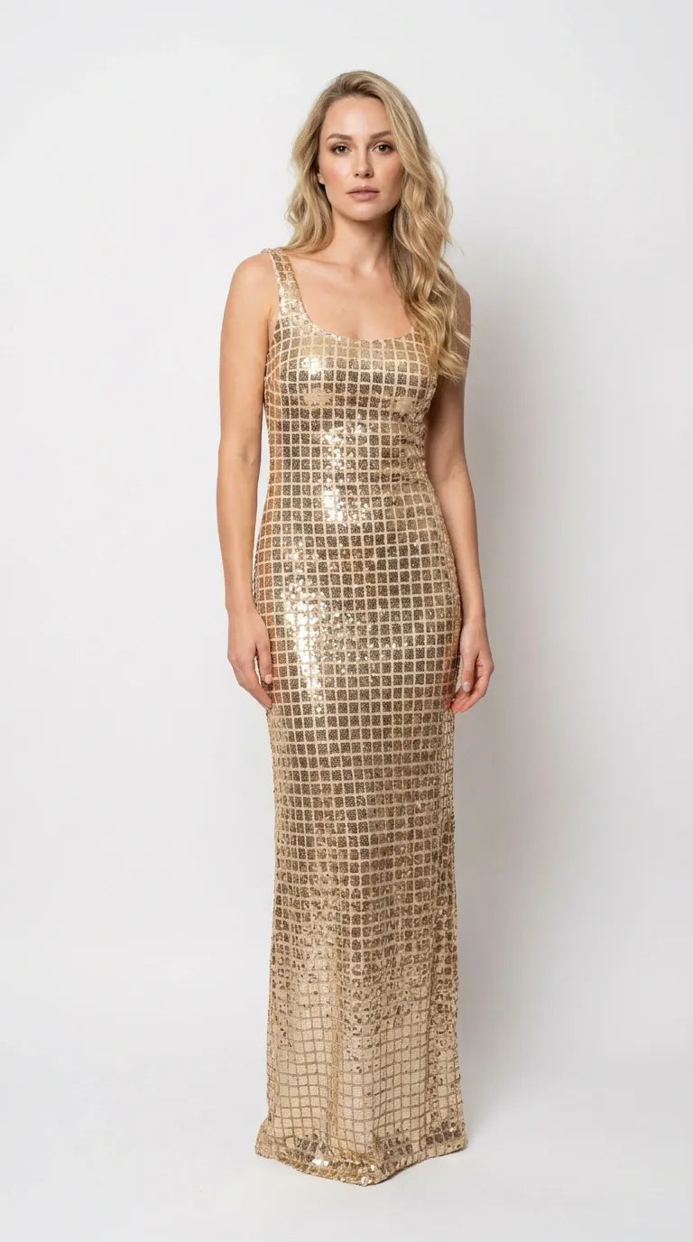 Square Neck Sequin Grid Maxi Column Evening Dress