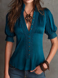 Retro Elegant Teal Lace Trim Button-Front Blouse