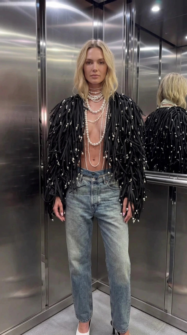 Faux Pearl Embellished Shaggy Fringe Jacket with Open Front